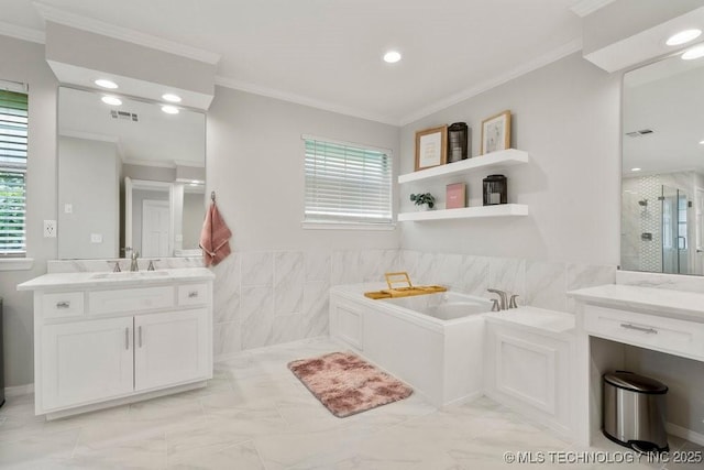 9703 S 100th E Ave, Tulsa, OK 74133 - bathroom featuring crown molding, a bath, healthy amount of natural light, a stall shower, and vanity