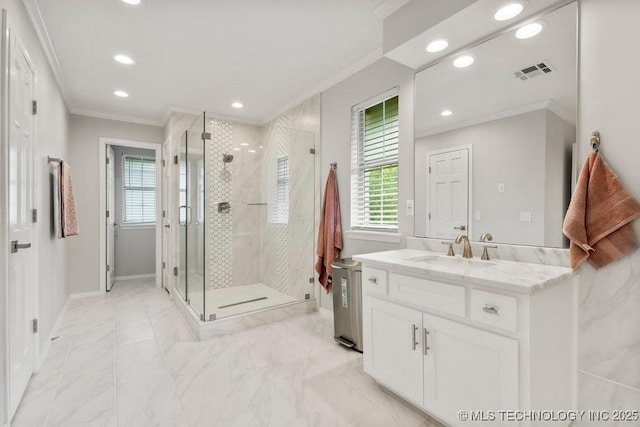 9703 S 100th E Ave, Tulsa, OK 74133 - bathroom with crown molding, plenty of natural light, vanity, a stall shower, and recessed lighting