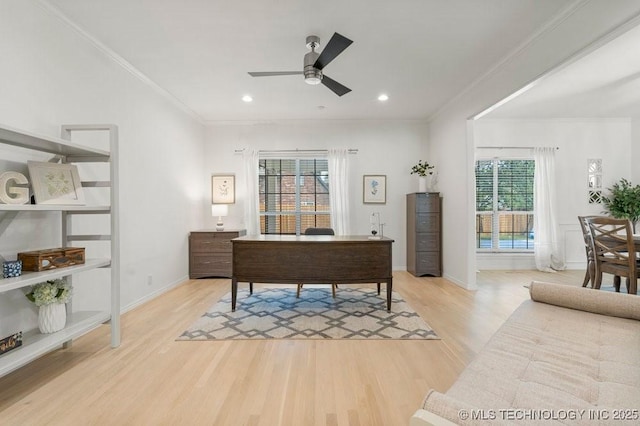 9703 S 100th E Ave, Tulsa, OK 74133 - office space with healthy amount of natural light, a ceiling fan, light wood-style flooring, ornamental molding, and recessed lighting