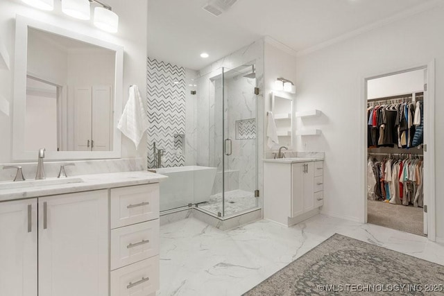 9703 S 100th E Ave, Tulsa, OK 74133 - bathroom with a marble finish shower, two vanities, crown molding, marble finish flooring, and recessed lighting