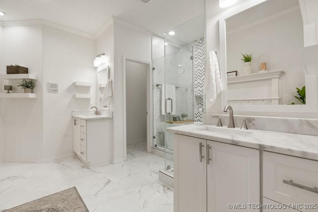 9703 S 100th E Ave, Tulsa, OK 74133 - full bathroom featuring ornamental molding, marble finish floors, a marble finish shower, two vanities, and recessed lighting