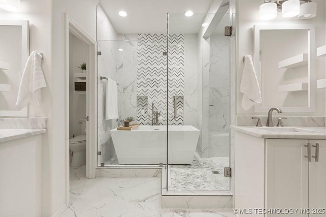 9703 S 100th E Ave, Tulsa, OK 74133 - full bath featuring vanity, marble finish flooring, a freestanding tub, a marble finish shower, and recessed lighting