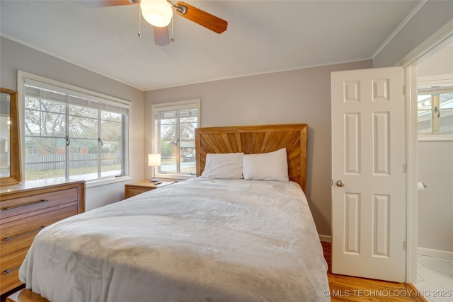 2441 S Norwood Ave, Tulsa, OK 74114 - bedroom with ornamental molding, multiple windows, ceiling fan, and light wood-style flooring