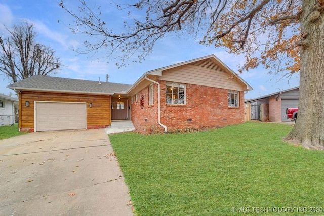 2441 S Norwood Ave, Tulsa, OK 74114 - ranch-style home with crawl space, an attached garage, a front lawn, driveway, and brick siding