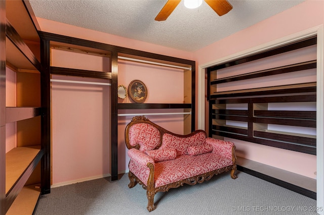 4504 S Cedar Ave, Broken Arrow, OK 74011 - sitting room with carpet floors, ceiling fan, and a textured ceiling