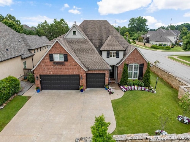 9402 E 109th St S, Tulsa, OK 74133 - traditional-style home with driveway, brick siding, a front lawn, a shingled roof, and a garage