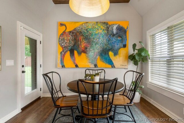 9402 E 109th St S, Tulsa, OK 74133 - dining area featuring vaulted ceiling, wood finished floors, and plenty of natural light