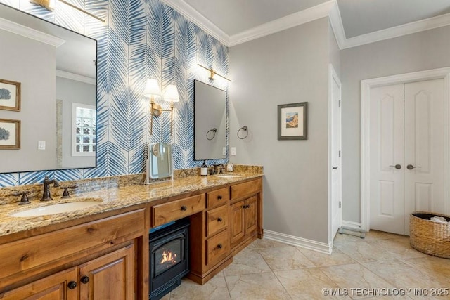 9402 E 109th St S, Tulsa, OK 74133 - full bath featuring double vanity, ornamental molding, wallpapered walls, and marble look tiles