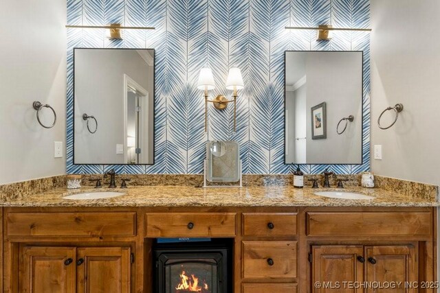 9402 E 109th St S, Tulsa, OK 74133 - full bath with wallpapered walls, double vanity, and crown molding