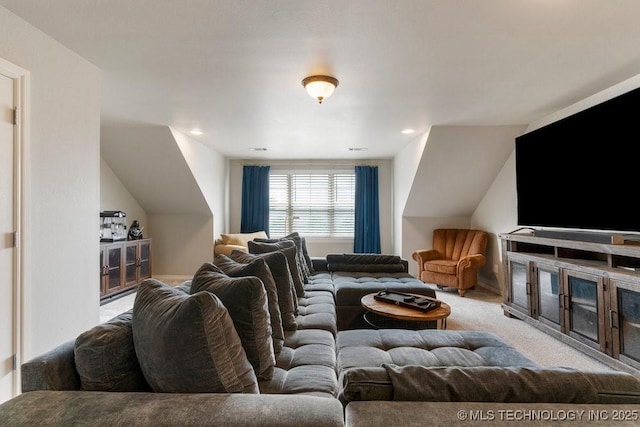 9402 E 109th St S, Tulsa, OK 74133 - living area featuring carpet flooring and lofted ceiling