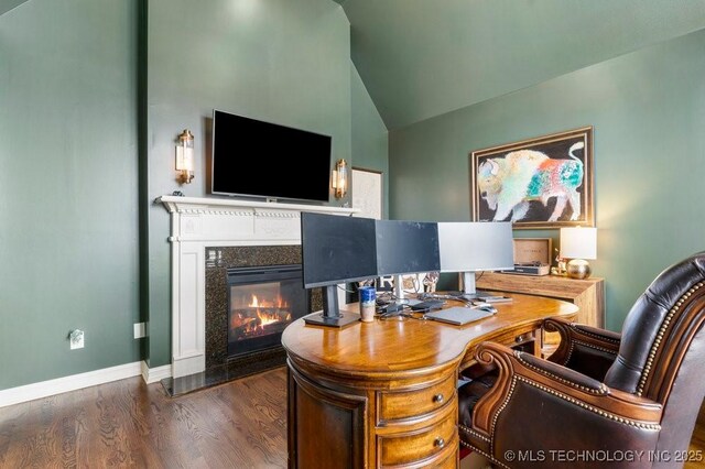 9402 E 109th St S, Tulsa, OK 74133 - office space featuring vaulted ceiling, wood finished floors, and a high end fireplace