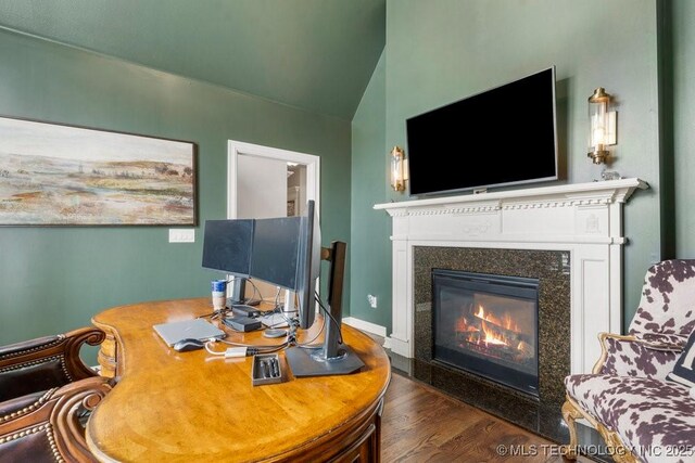 9402 E 109th St S, Tulsa, OK 74133 - office featuring wood finished floors, a glass covered fireplace, and lofted ceiling