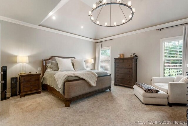 9402 E 109th St S, Tulsa, OK 74133 - bedroom with a chandelier, multiple windows, light carpet, ornamental molding, and lofted ceiling
