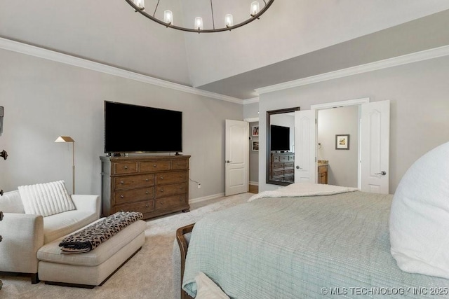 9402 E 109th St S, Tulsa, OK 74133 - bedroom with carpet, a chandelier, ornamental molding, a towering ceiling, and ensuite bathroom
