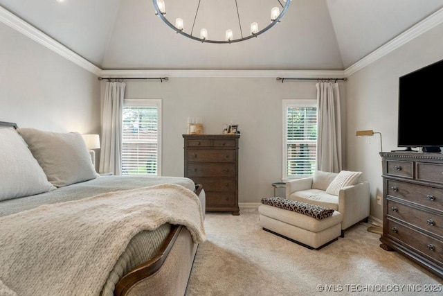 9402 E 109th St S, Tulsa, OK 74133 - bedroom with a chandelier, light colored carpet, high vaulted ceiling, and ornamental molding