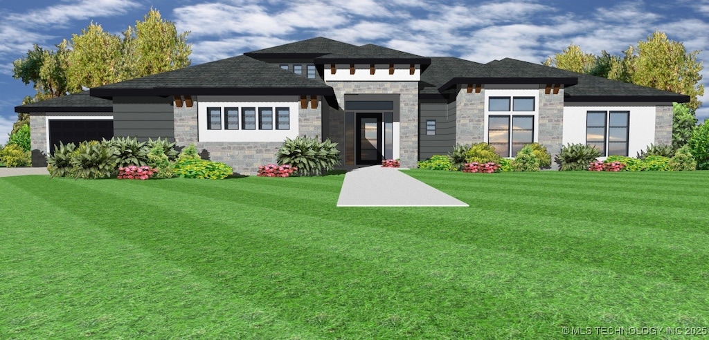 17761 E Patriot Dr, Owasso, OK 74055 - view of front of home featuring stone siding, a front yard, an attached garage, and a shingled roof