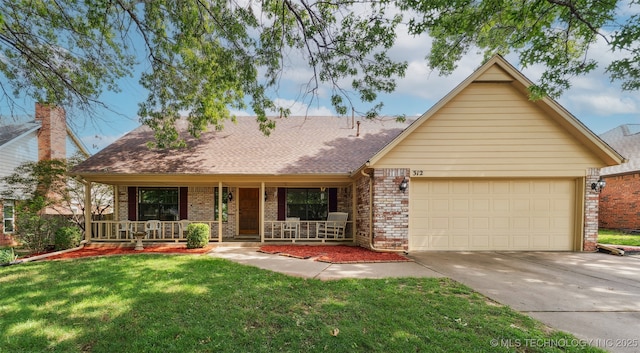 312 W Raleigh Pl, Broken Arrow, OK 74011 - ranch-style home with brick siding, driveway, covered porch, an attached garage, and a front lawn