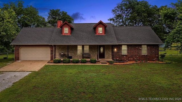 9065 E Prairie View Dr, Claremore, OK 74019 - cape cod-style house featuring covered porch, a garage, concrete driveway, a chimney, and roof with shingles