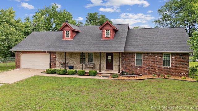 9065 E Prairie View Dr, Claremore, OK 74019 - cape cod-style house with a porch, an attached garage, driveway, roof with shingles, and brick siding