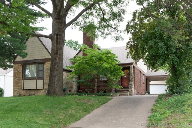 3524 E 12th Pl, Tulsa, OK 74112 - view of front of home featuring stone siding, a shingled roof, a chimney, asphalt driveway, and a front lawn