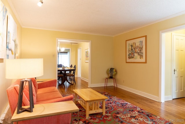 3524 E 12th Pl, Tulsa, OK 74112 - living room featuring wood finished floors, ornamental molding, and a textured ceiling