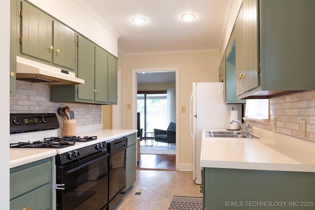 3524 E 12th Pl, Tulsa, OK 74112 - kitchen with range with gas cooktop, green cabinetry, under cabinet range hood, dishwasher, and crown molding