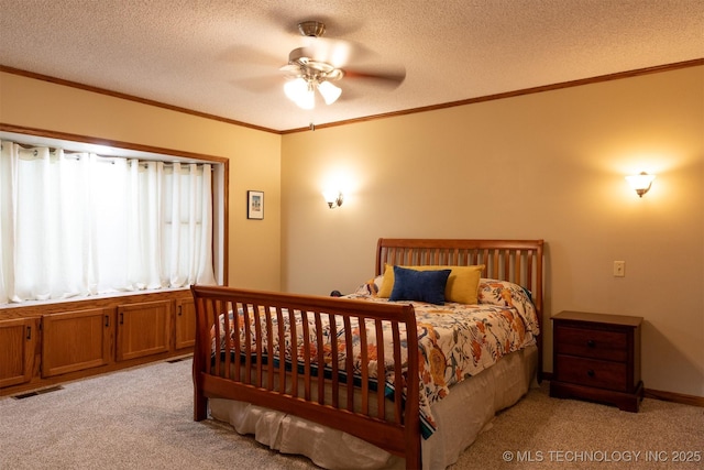 3524 E 12th Pl, Tulsa, OK 74112 - bedroom with light carpet, crown molding, a textured ceiling, and a ceiling fan