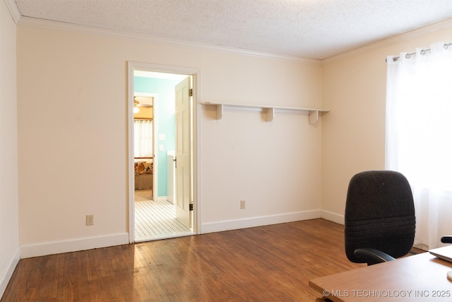 3524 E 12th Pl, Tulsa, OK 74112 - office area with a textured ceiling, wood finished floors, and crown molding