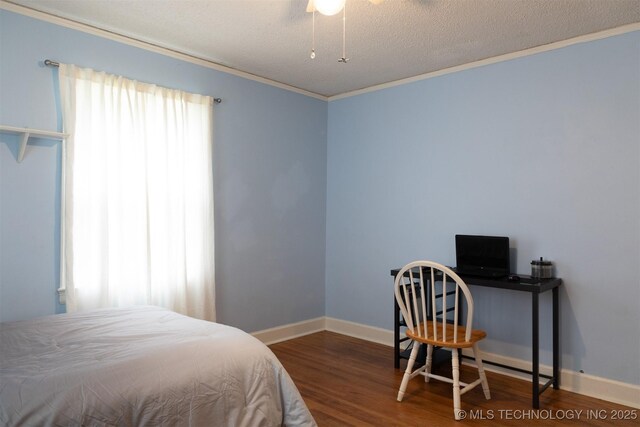 3524 E 12th Pl, Tulsa, OK 74112 - bedroom with wood finished floors, ornamental molding, a textured ceiling, and ceiling fan