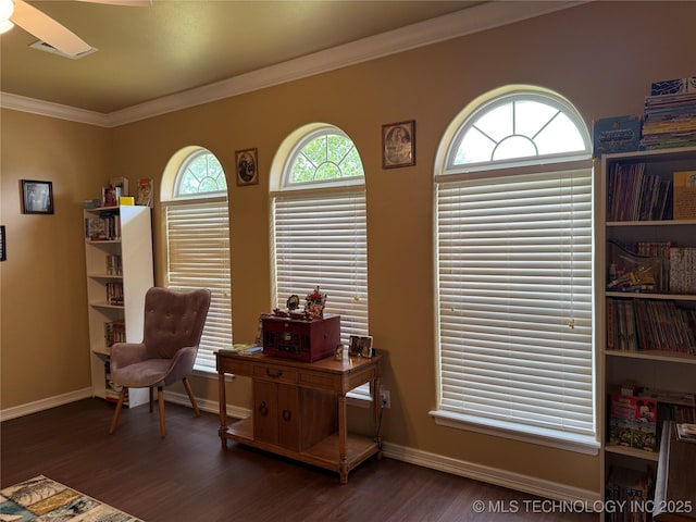 607 Nelson, Mcalester, OK 74501 - sitting room featuring ornamental molding, wood finished floors, and a ceiling fan