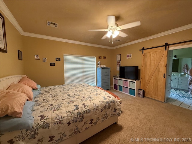 607 Nelson, Mcalester, OK 74501 - bedroom featuring a barn door, light colored carpet, crown molding, and a ceiling fan