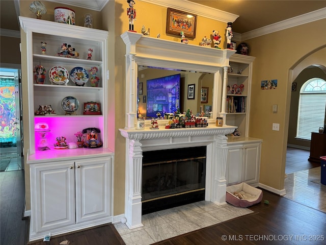 607 Nelson, Mcalester, OK 74501 - living room with arched walkways, ornamental molding, wood finished floors, and a fireplace with flush hearth