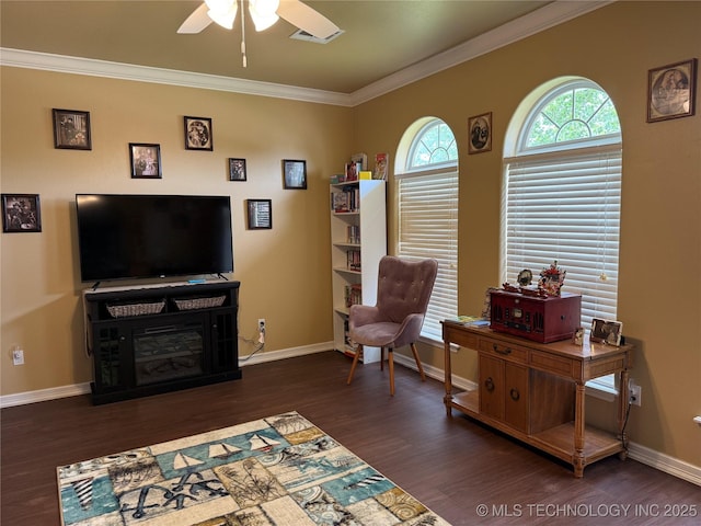 607 Nelson, Mcalester, OK 74501 - sitting room featuring wood finished floors, a ceiling fan, and ornamental molding