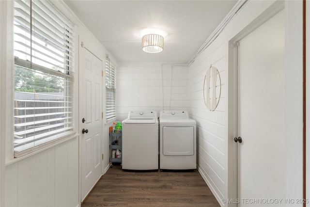 5914 E 26th St, Tulsa, OK 74114 - laundry area with separate washer and dryer and dark wood-style flooring