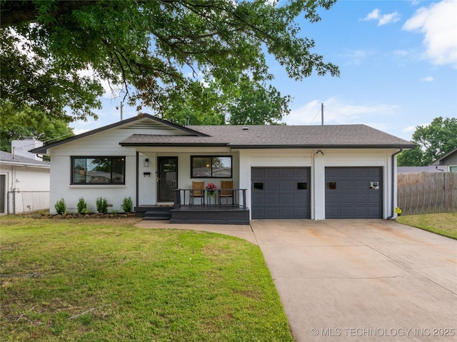 5914 E 26th St, Tulsa, OK 74114 - ranch-style house with an attached garage, driveway, a porch, a shingled roof, and brick siding