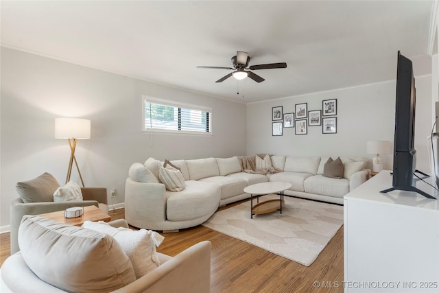 5914 E 26th St, Tulsa, OK 74114 - living room featuring a ceiling fan, light wood-style flooring, and crown molding
