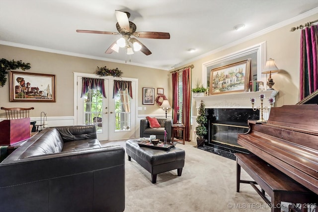 1110 N Renaissance Dr, Sand Springs, OK 74063 - living area featuring plenty of natural light, crown molding, light colored carpet, a ceiling fan, and a fireplace