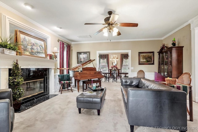 1110 N Renaissance Dr, Sand Springs, OK 74063 - living room featuring crown molding, ceiling fan, a fireplace, and carpet