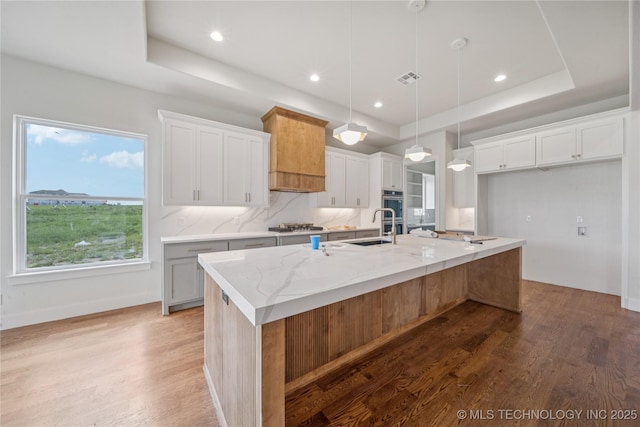 2614 E 134th Cir S, Bixby, OK 74008 - kitchen with wood finished floors, a large island, light stone counters, a tray ceiling, and white cabinetry