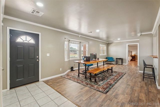 810 N 3rd St, Jenks, OK 74037 - foyer with crown molding, light wood-style floors, and recessed lighting