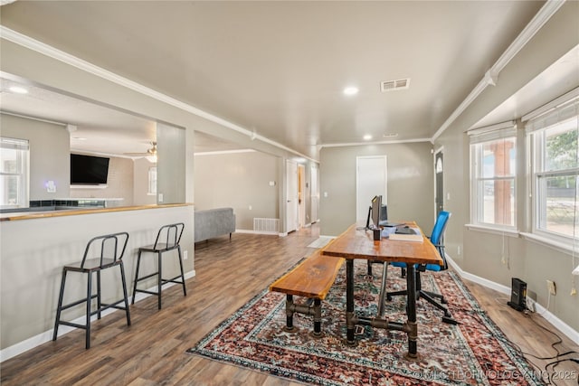 810 N 3rd St, Jenks, OK 74037 - office with ornamental molding, wood finished floors, recessed lighting, and ceiling fan