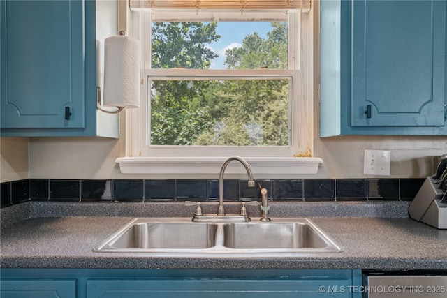 810 N 3rd St, Jenks, OK 74037 - kitchen featuring dark countertops and blue cabinets