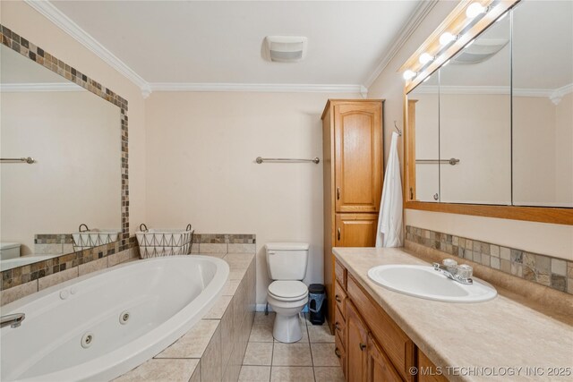 810 N 3rd St, Jenks, OK 74037 - bathroom featuring a tub with jets, vanity, crown molding, tile patterned floors, and backsplash