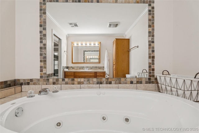 810 N 3rd St, Jenks, OK 74037 - full bathroom with crown molding, a tub with jets, and vanity