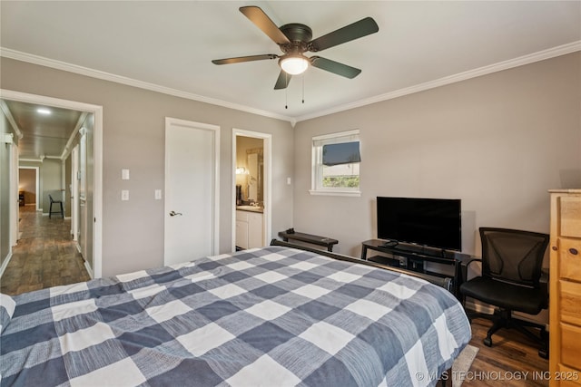 810 N 3rd St, Jenks, OK 74037 - bedroom featuring wood finished floors, crown molding, ceiling fan, and ensuite bathroom