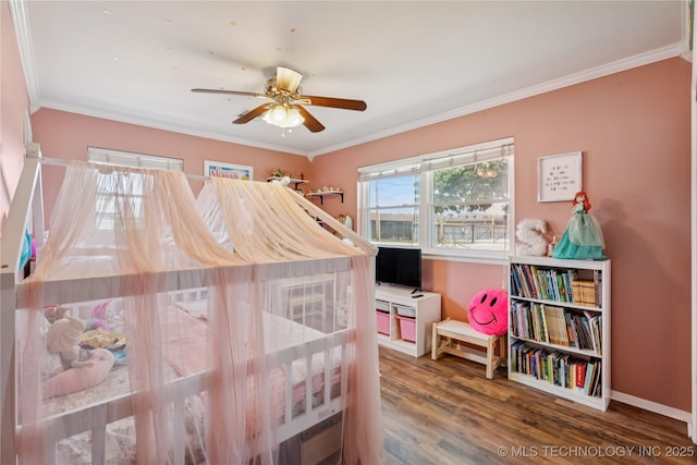 810 N 3rd St, Jenks, OK 74037 - bedroom with crown molding, wood finished floors, and ceiling fan