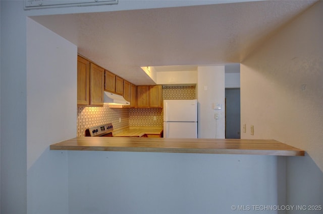 1730 E 67th St Unit K102, Tulsa, OK 74136 - kitchen with freestanding refrigerator, under cabinet range hood, electric range, tasteful backsplash, and a peninsula