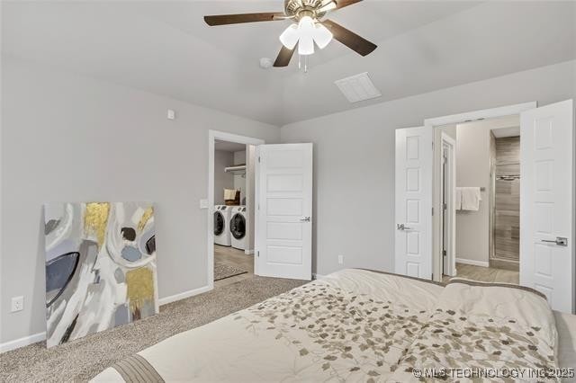 1332 N Denver Ave, Tulsa, OK 74106 - carpeted bedroom featuring washer and dryer, a spacious closet, a ceiling fan, and ensuite bath