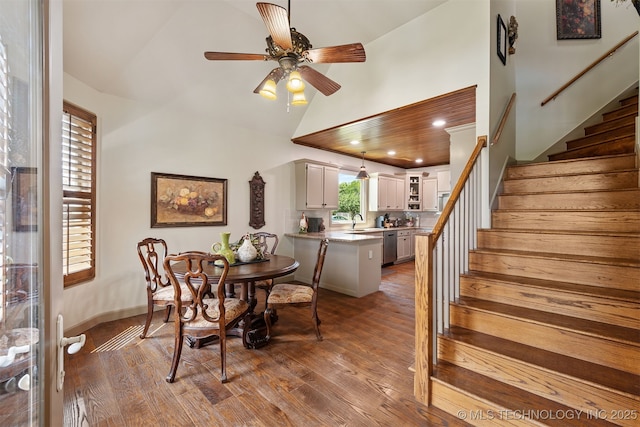 72878 S 230th Rd, Wagoner, OK 74467 - dining area with stairs, wood finished floors, ceiling fan, high vaulted ceiling, and recessed lighting