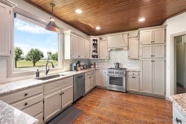 72878 S 230th Rd, Wagoner, OK 74467 - kitchen featuring appliances with stainless steel finishes, wooden ceiling, premium range hood, pendant lighting, and tasteful backsplash